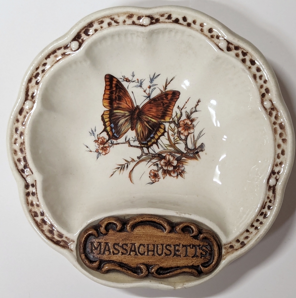 Vintage Ceramic Butterfly Massachusetts Travel Souvenir Ashtray